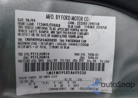 2005 Mercury Sable Ls from USA, damaged, VIN 1MEFM59S85A605030